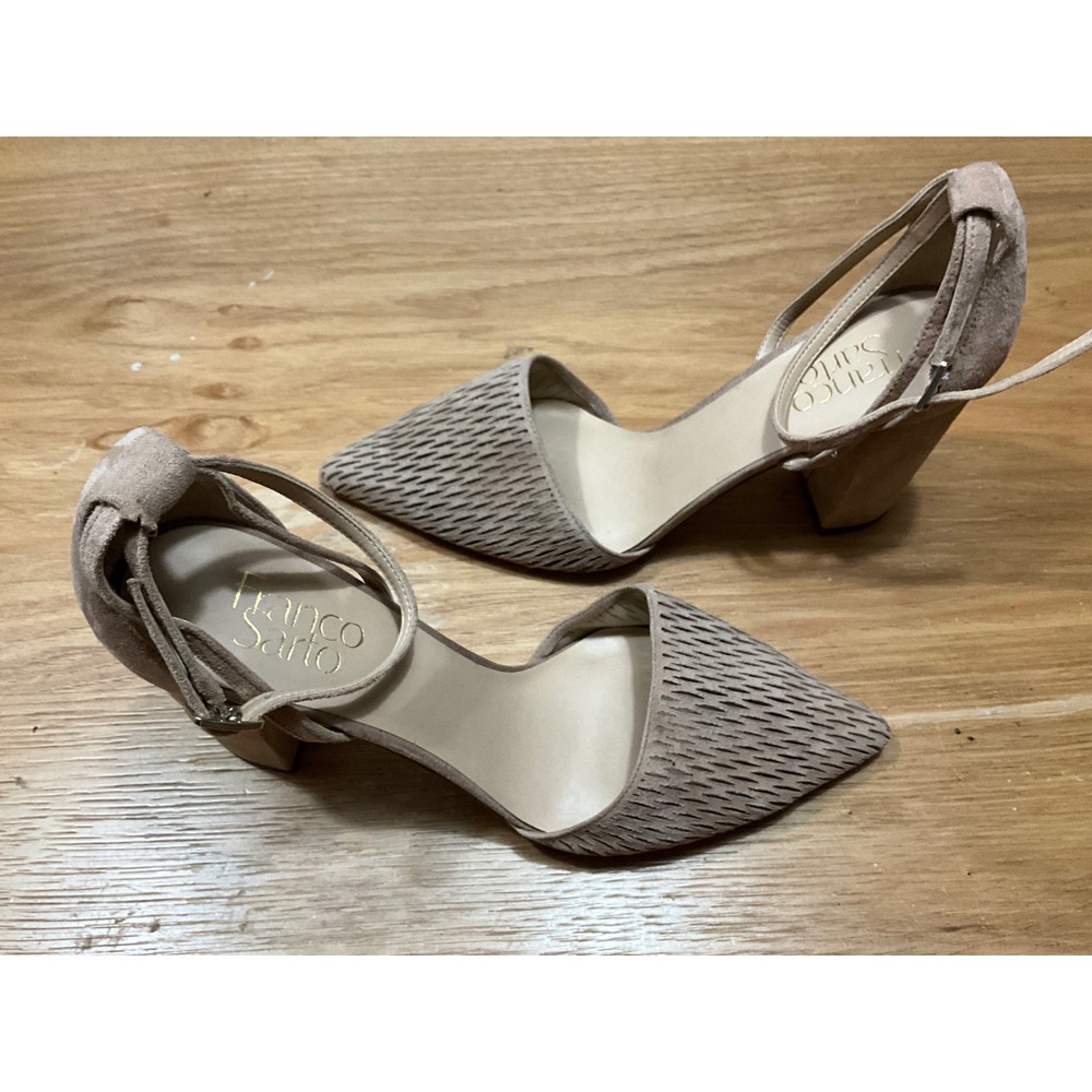Franco Sarto Tan Suede Perforated Pointed Toe Block Heel Ankle Strap Pumps